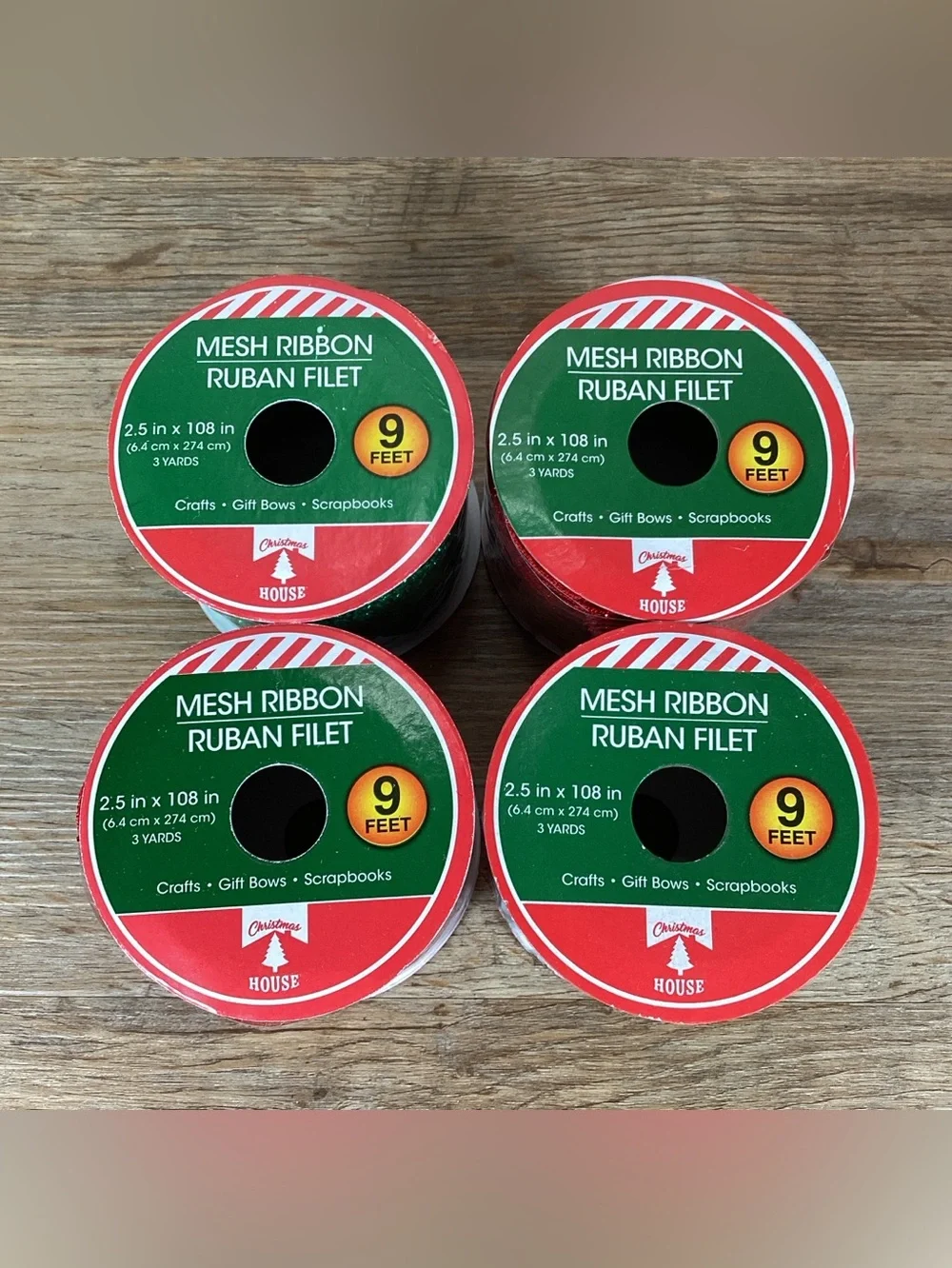 Lot 4 Spools New Mesh Glitter Red & Green Craft Ribbon 9 Feet x 2.5 Inches